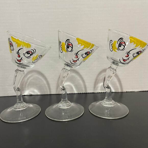 3 Beau Brummel Martini Glasses by Gay Fad Tipsy Drunk 5.5” Bent Stem Barware MCM - Picture 1 of 7